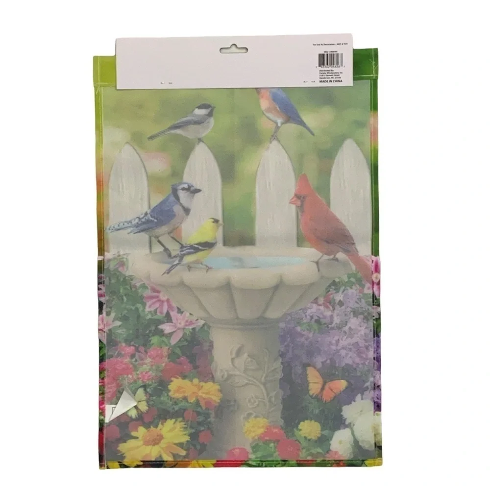 Garden Flag Songbirds Picket Fence Bird Bath Butterflies and Flowers 12 X 18 in